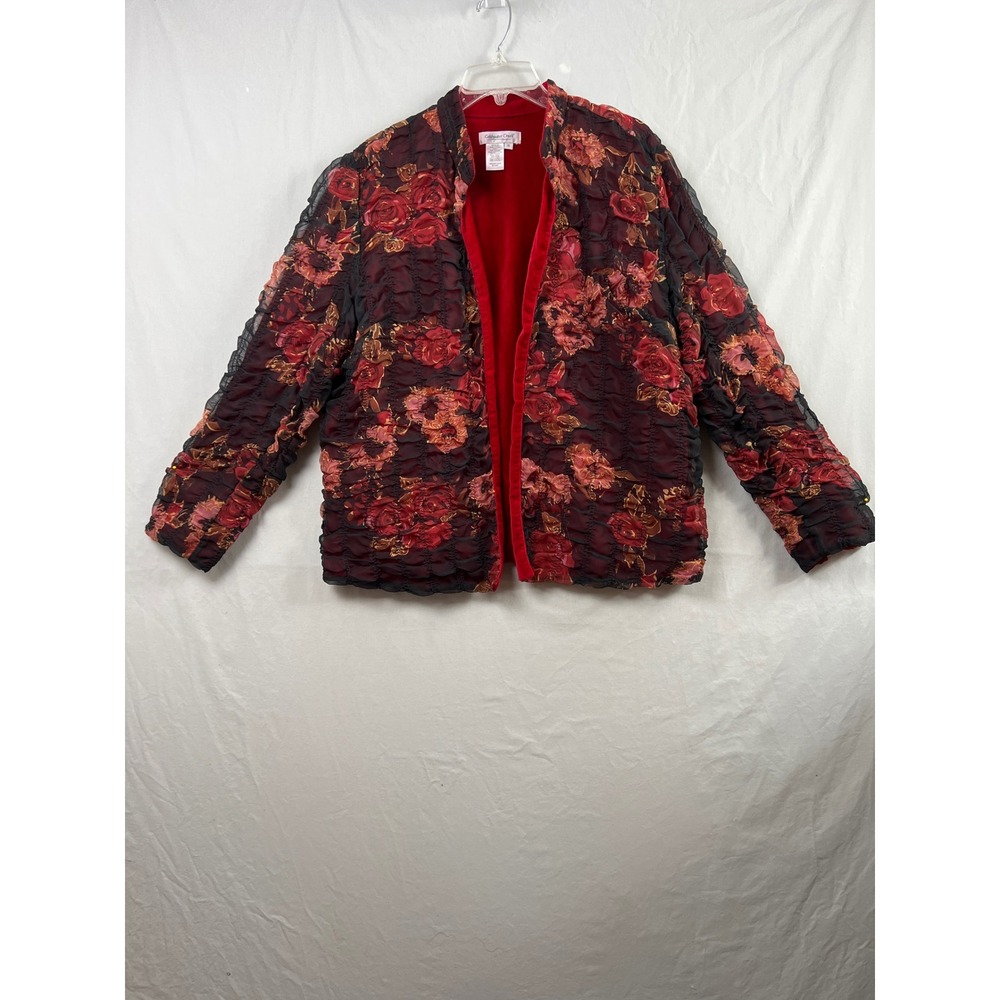 Coldwater Creek Jacket Womens 1X Red Floral Ruched Smocked Open Front Mock Neck